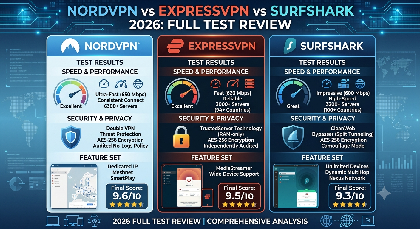 NordVPN vs ExpressVPN vs Surfshark 2026: Full Test Review