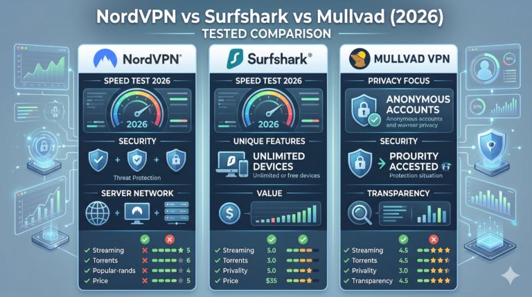 NordVPN vs Surfshark vs Mullvad: Tested VPN Comparison 2026